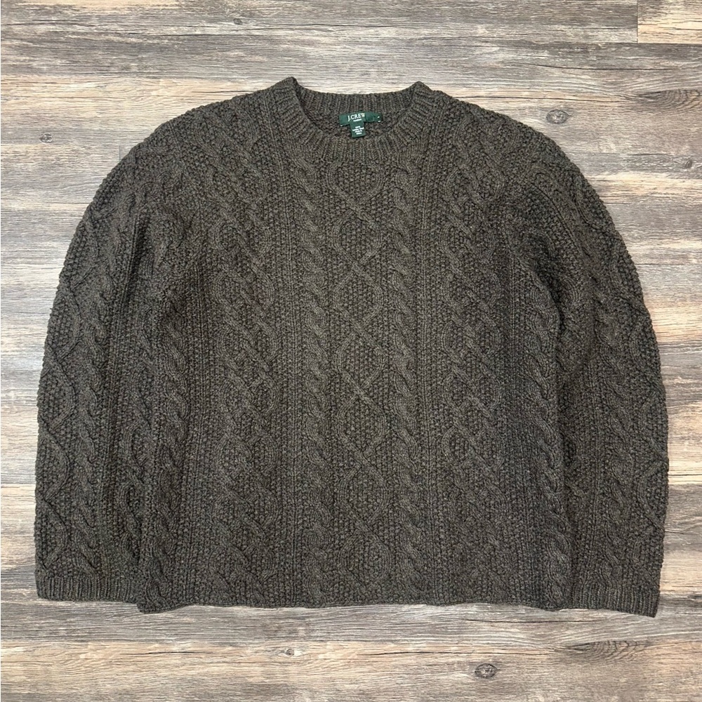 Vintage J. Crew 100% Lamb Wool Handknit Chunky Fisherman Brown Sweater Large L
